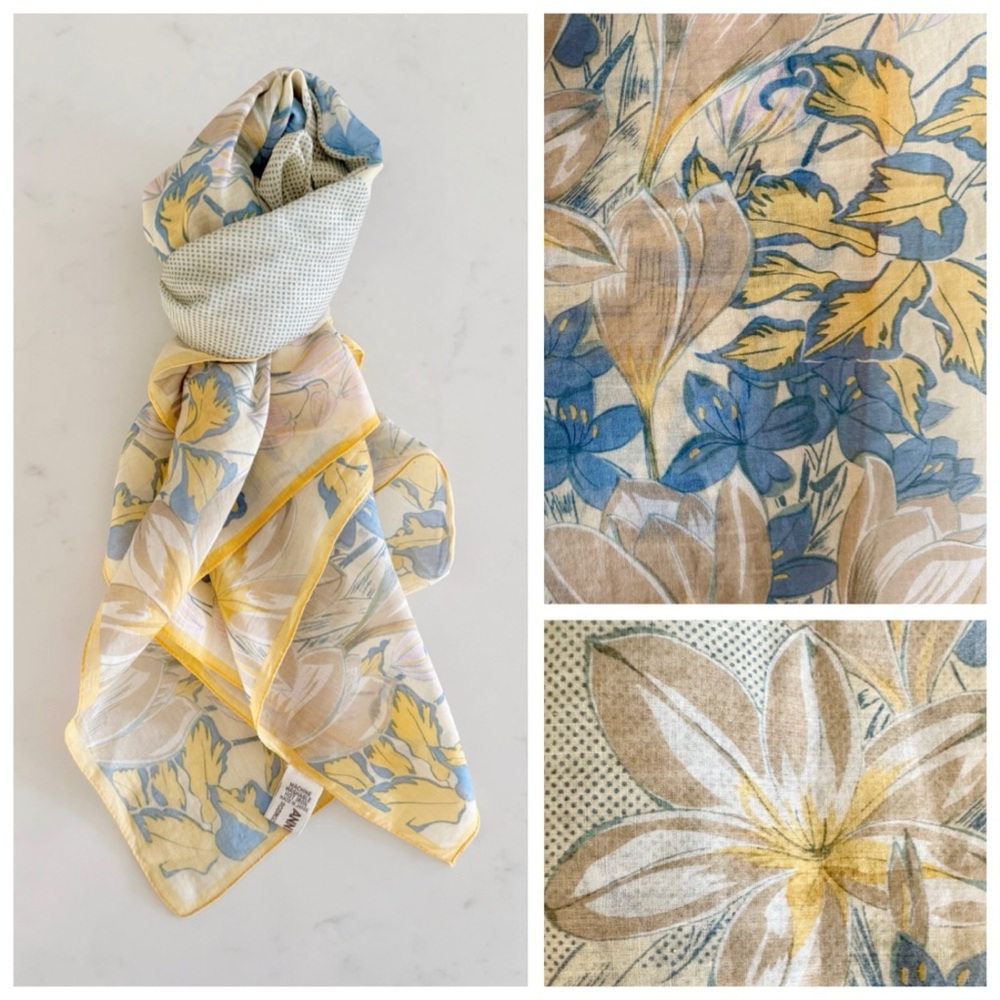 70s Vintage Anne Klein Swiss Dot & Floral Print Cottagecore Cotton Scarf Wrap - Picture 12 of 17